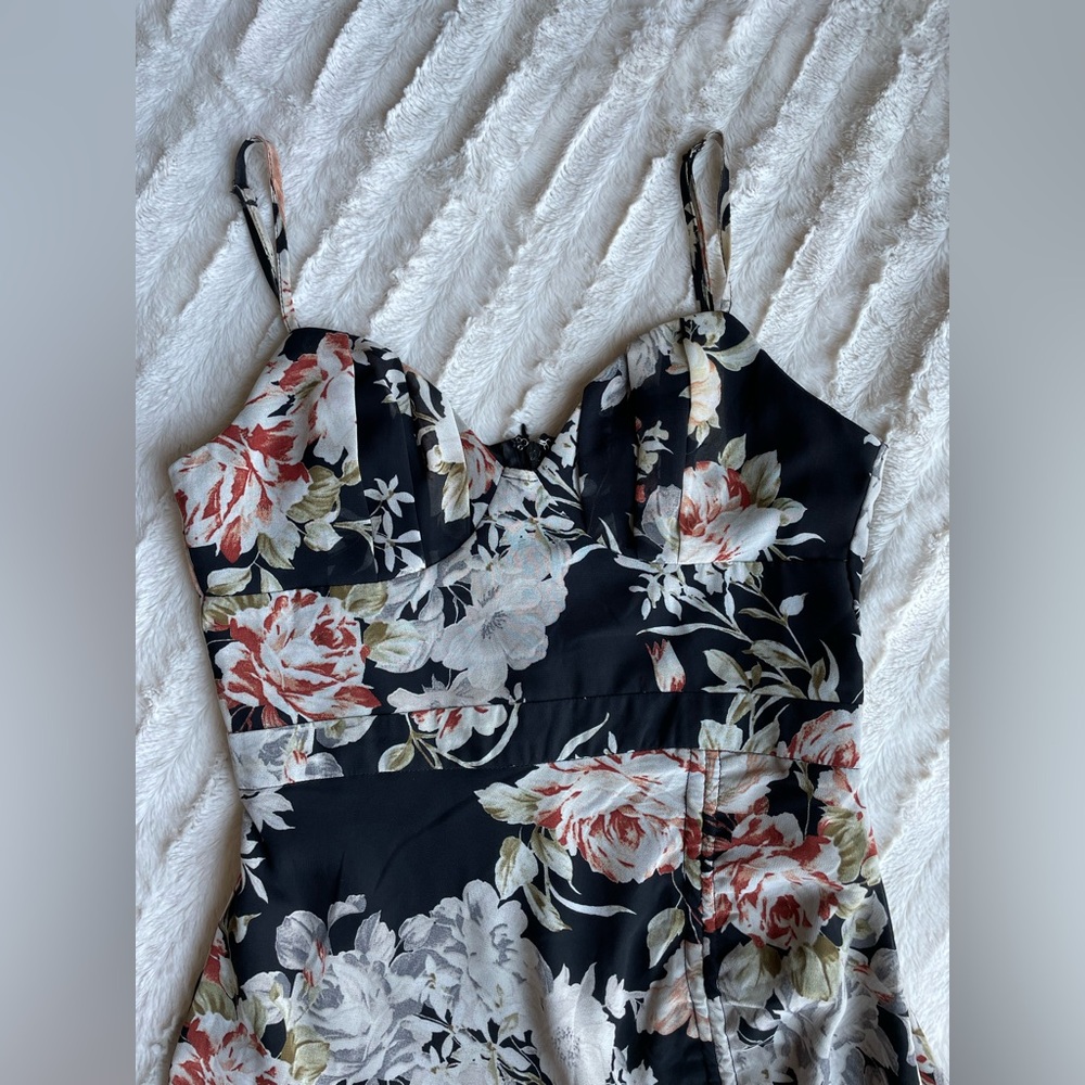 Lulu’s Black Floral Ruched Drawstring Mini Dress - Picture 3 of 7